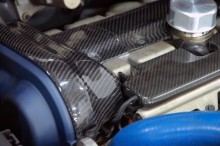 Carbon Fiber Fuel Rail Cover installed with Carbon Fiber Spark Plug and Cam Pulley Covers