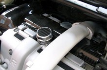 Carbon Fiber Spark Plug Cover and Cam Pulley cover installed with Carbon Fiber Oil Filler Cap on S60R