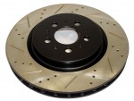 Rotor shown with cross-drilled and slotted configuration and black powder coat finish on hat and vane edges.